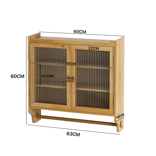 Armário de parede 63 cm - Portas de vidro vintage, 3 níveis e toalheiro - Madeira natural