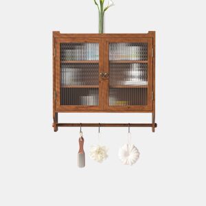 Armário de parede com portas de vidro 63 cm - 3 níveis de armazenamento com toalheiro - Castanho