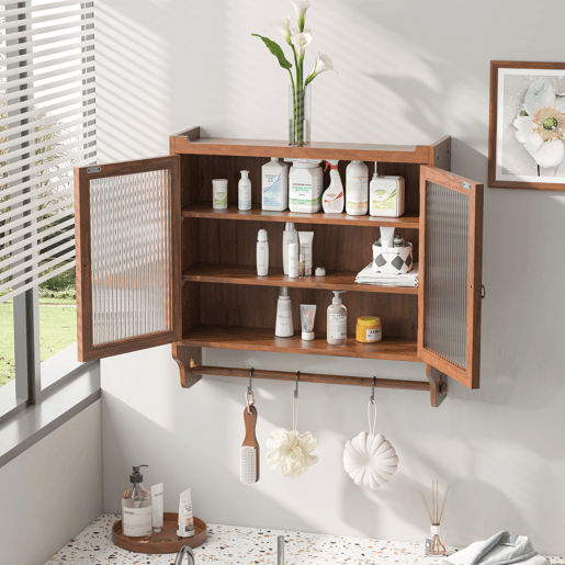 Armário de parede com portas de vidro 63 cm - 3 níveis de armazenamento com toalheiro - Castanho