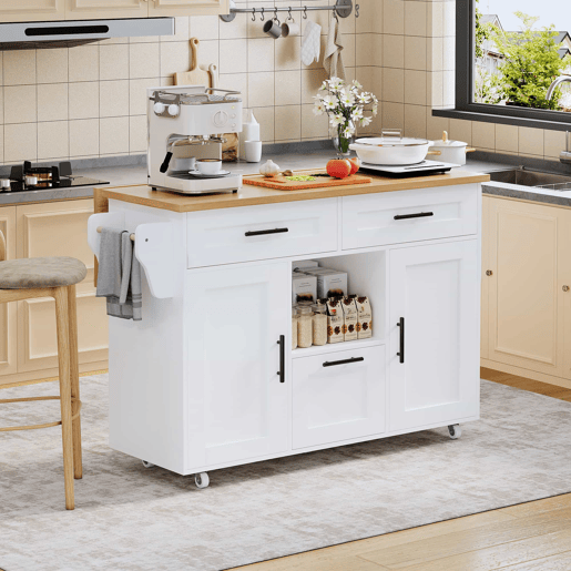 Carrinho de cozinha - Estilo nórdico moderno, rodas universais 360°, prateleiras com gavetas e barra para toalhas, bandeja dobrável e fecho silencioso com mola, design de armazenamento flexível - Branco