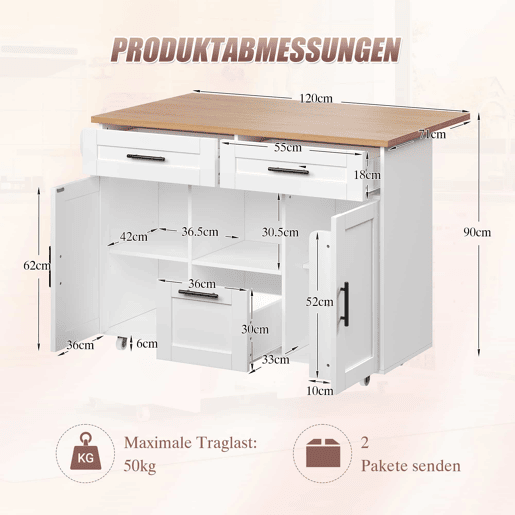 Carrinho de cozinha - Estilo nórdico moderno, rodas universais 360°, prateleiras com gavetas e barra para toalhas, bandeja dobrável e fecho silencioso com mola, design de armazenamento flexível - Branco