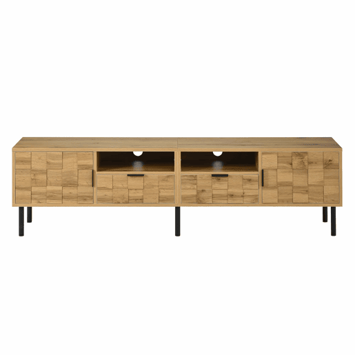 Móvel de TV Mosaik com 2 portas e 2 gavetas - Móvel baixo para sala de estar com 2 prateleiras abertas, pés metálicos - Cor natural