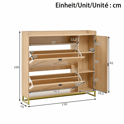 Armário com duas portas rebatíveis e armário lateral - grande capacidade, compartimento superior aberto, portas com relevo geométrico, estrutura metálica - natural Armário com duas portas rebatíveis e armário lateral - grande capacidade, compartimento superior aberto, portas com relevo geométrico, estrutura metálica - natural
