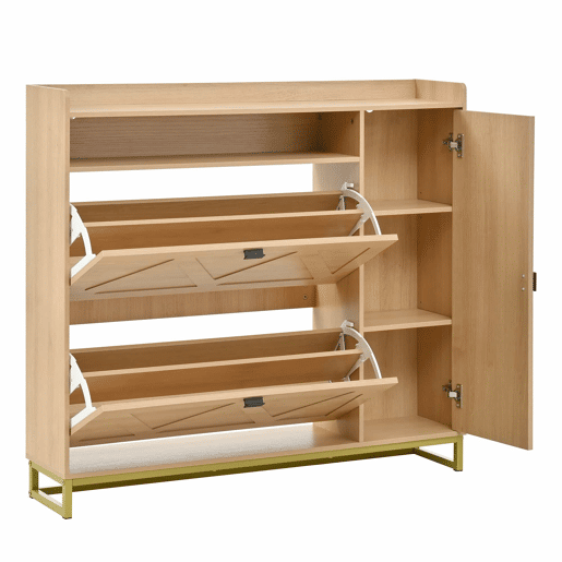 Armário com duas portas rebatíveis e armário lateral - grande capacidade, compartimento superior aberto, portas com relevo geométrico, estrutura metálica - natural Armário com duas portas rebatíveis e armário lateral - grande capacidade, compartimento superior aberto, portas com relevo geométrico, estrutura metálica - natural