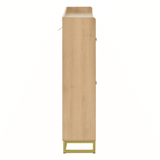 Armário com duas portas rebatíveis e armário lateral - grande capacidade, compartimento superior aberto, portas com relevo geométrico, estrutura metálica - natural Armário com duas portas rebatíveis e armário lateral - grande capacidade, compartimento superior aberto, portas com relevo geométrico, estrutura metálica - natural