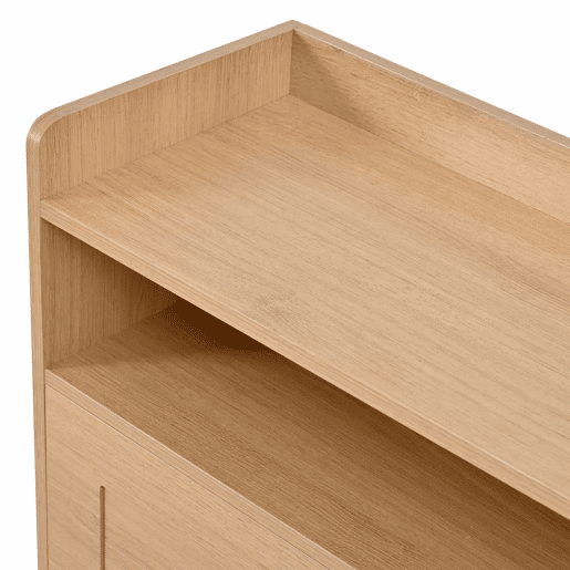 Armário com duas portas rebatíveis e armário lateral - grande capacidade, compartimento superior aberto, portas com relevo geométrico, estrutura metálica - natural Armário com duas portas rebatíveis e armário lateral - grande capacidade, compartimento superior aberto, portas com relevo geométrico, estrutura metálica - natural
