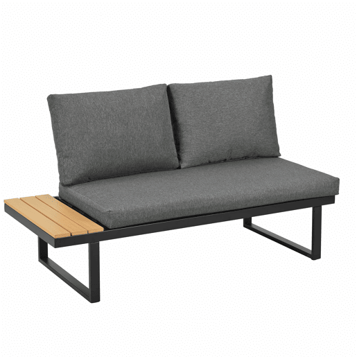 Conjunto de sala de jantar de jardim de canto - função reclinável ajustável em 5 posições (até 55°), estrutura em aço galvanizado, mesa com tampo em plástico com efeito de madeira - preto e cinzento