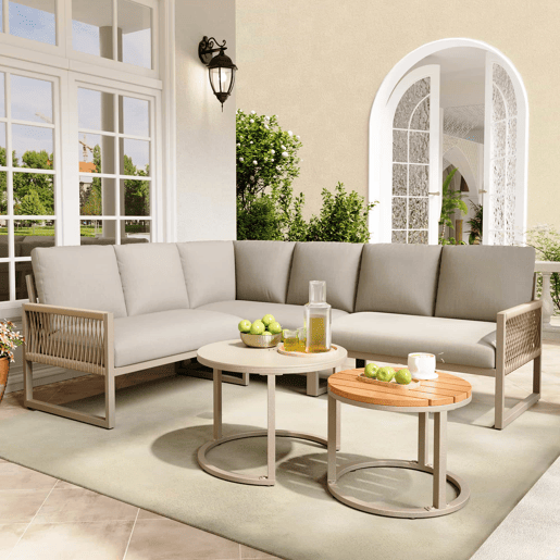 Conjunto de jardim para 6-7 pessoas - sofá de canto, estrutura em ferro galvanizado, almofadas incluídas - bege