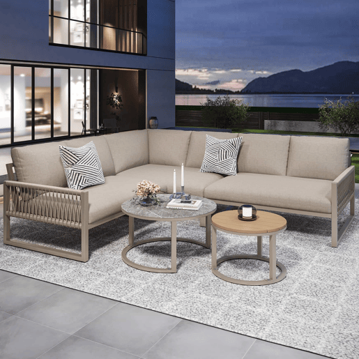 Conjunto de jardim para 6-7 pessoas - sofá de canto, estrutura em ferro galvanizado, almofadas incluídas - bege