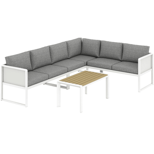 Outsunny Conjunto de Jardim de 4 Peças Sofá Exterior Seccional em L com 3 Sofás de 2 Lugares Assento em Textilene Mesa com Bancada Efeito Madeira WPC Almofadas Cinza Claro e Branco