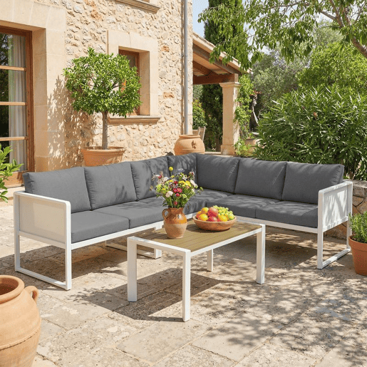 Outsunny Conjunto de Jardim de 4 Peças Sofá Exterior Seccional em L com 3 Sofás de 2 Lugares Assento em Textilene Mesa com Bancada Efeito Madeira WPC Almofadas Cinza Claro e Branco