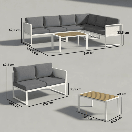 Outsunny Conjunto de Jardim de 4 Peças Sofá Exterior Seccional em L com 3 Sofás de 2 Lugares Assento em Textilene Mesa com Bancada Efeito Madeira WPC Almofadas Cinza Claro e Branco
