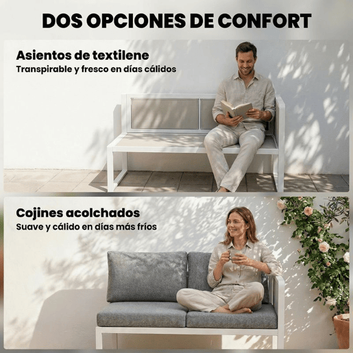 Outsunny Conjunto de Jardim de 4 Peças Sofá Exterior Seccional em L com 3 Sofás de 2 Lugares Assento em Textilene Mesa com Bancada Efeito Madeira WPC Almofadas Cinza Claro e Branco