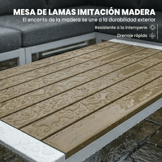 Outsunny Conjunto de Jardim de 4 Peças Sofá Exterior Seccional em L com 3 Sofás de 2 Lugares Assento em Textilene Mesa com Bancada Efeito Madeira WPC Almofadas Cinza Claro e Branco
