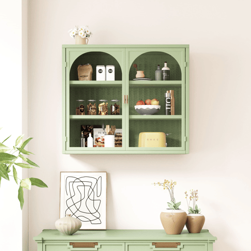 Armário de parede 70 cm - Portas de vidro, 3 níveis de armazenamento, padrão trançado - Verde