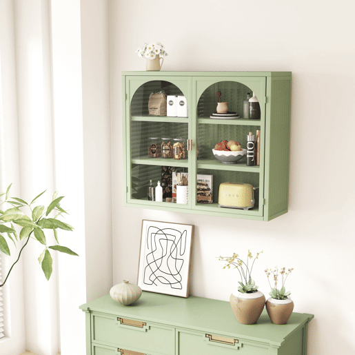Armário de parede 70 cm - Portas de vidro, 3 níveis de armazenamento, padrão trançado - Verde