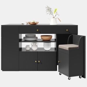 Ilha de cozinha 140*40(70)*89 cm - 6 gavetas, balcão com bancos - Preto