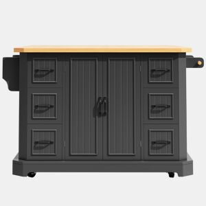 Ilha de cozinha móvel 120x45(75)x91 cm - Com 2 portas e 6 gavetas - Preto