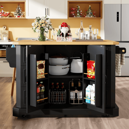 Ilha de cozinha móvel 120x45(75)x91 cm - Com 2 portas e 6 gavetas - Preto