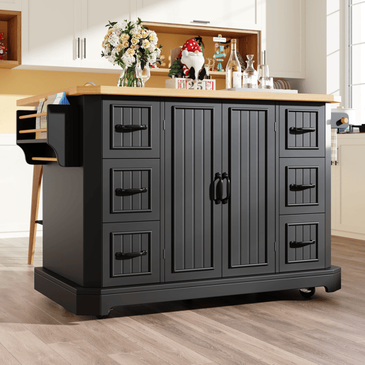 Ilha de cozinha móvel 120x45(75)x91 cm - Com 2 portas e 6 gavetas - Preto