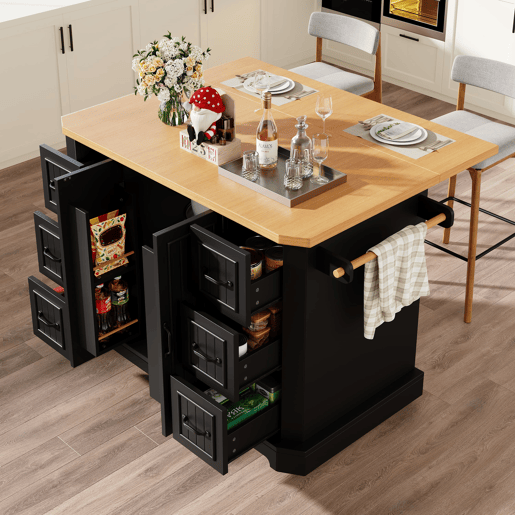 Ilha de cozinha móvel 120x45(75)x91 cm - Com 2 portas e 6 gavetas - Preto