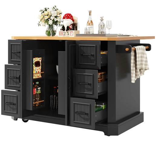 Ilha de cozinha móvel 120x45(75)x91 cm - Com 2 portas e 6 gavetas - Preto