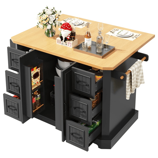 Ilha de cozinha móvel 120x45(75)x91 cm - Com 2 portas e 6 gavetas - Preto