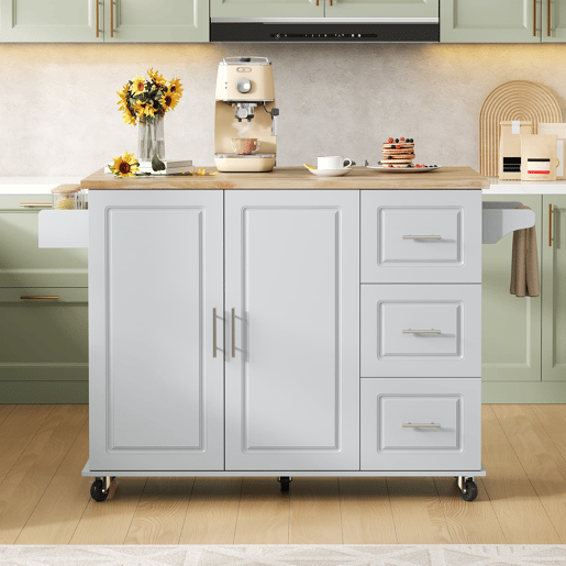 Mesa de cozinha móvel grande 137x43(76)x92 cm - Bancada em madeira de carvalho, design dobrável, armário multifuncional, 3 gavetas, suporte para toalhas - Cinza