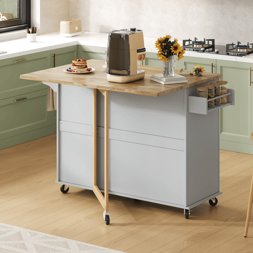 Mesa de cozinha móvel grande 137x43(76)x92 cm - Bancada em madeira de carvalho, design dobrável, armário multifuncional, 3 gavetas, suporte para toalhas - Cinza