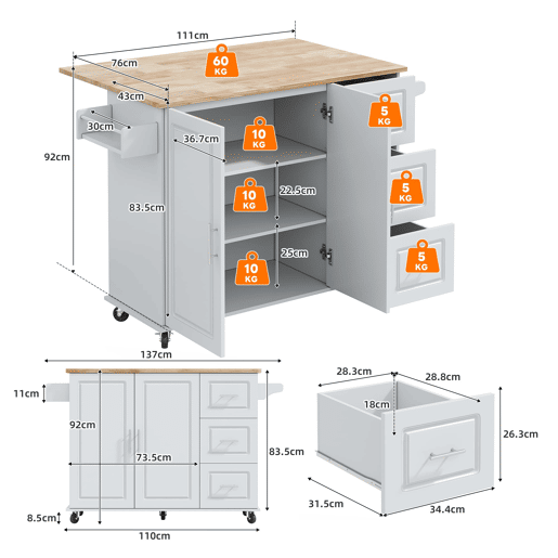 Mesa de cozinha móvel grande 137x43(76)x92 cm - Bancada em madeira de carvalho, design dobrável, armário multifuncional, 3 gavetas, suporte para toalhas - Cinza
