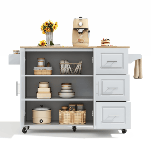 Mesa de cozinha móvel grande 137x43(76)x92 cm - Bancada em madeira de carvalho, design dobrável, armário multifuncional, 3 gavetas, suporte para toalhas - Cinza