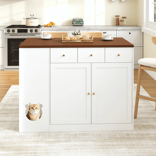Ilha de cozinha 120x70x90 cm - com rodas, gavetas e prateleira para animais de estimação - Branco+Nogueira