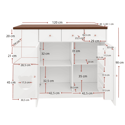 Ilha de cozinha 120x70x90 cm - com rodas, gavetas e prateleira para animais de estimação - Branco+Nogueira