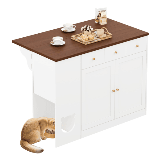 Ilha de cozinha 120x70x90 cm - com rodas, gavetas e prateleira para animais de estimação - Branco+Nogueira