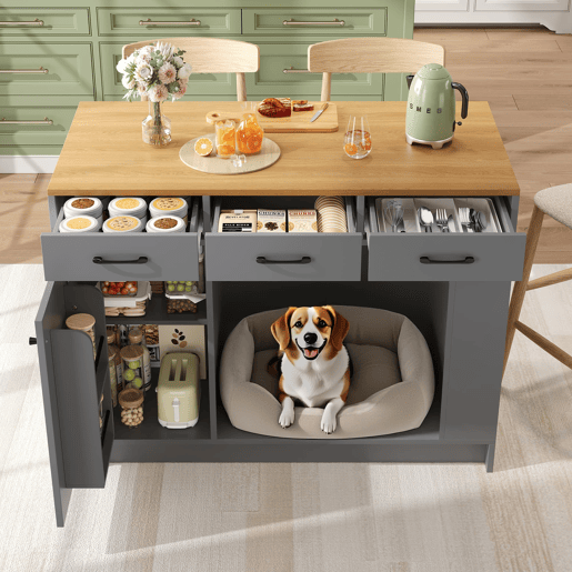 Ilha de cozinha 120x60x90 cm - 3 gavetas, prateleira ajustável, área para animais de estimação - Cinza