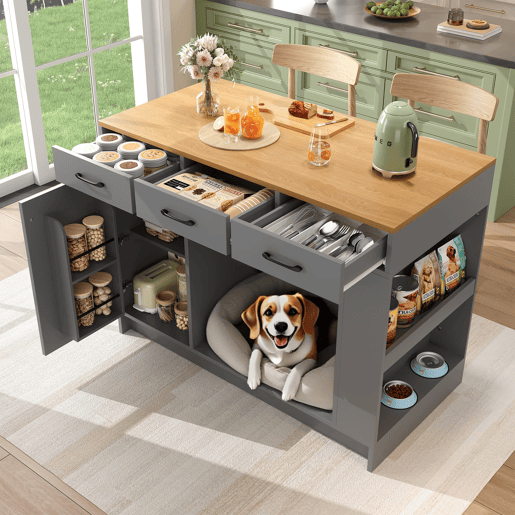 Ilha de cozinha 120x60x90 cm - 3 gavetas, prateleira ajustável, área para animais de estimação - Cinza