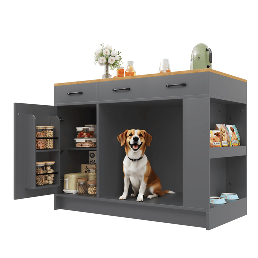 Ilha de cozinha 120x60x90 cm - 3 gavetas, prateleira ajustável, área para animais de estimação - Cinza