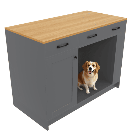 Ilha de cozinha 120x60x90 cm - 3 gavetas, prateleira ajustável, área para animais de estimação - Cinza