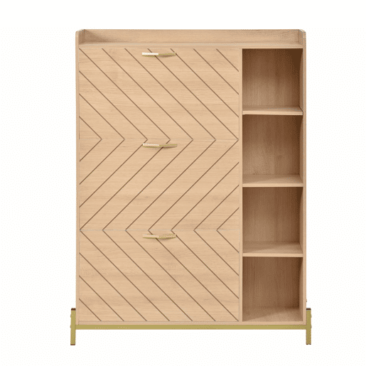 Aparador de entrada ultrafino - estilo nórdico, 3 portas basculantes, grande capacidade, prateleiras laterais abertas, acabamento em veios de carvalho - natural