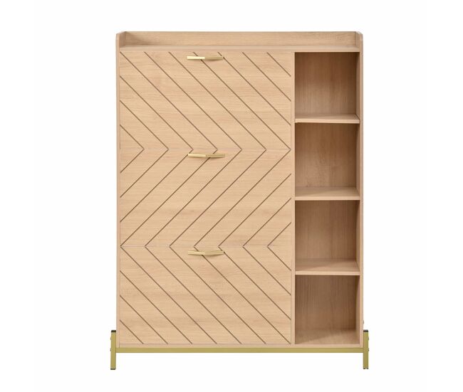 Zapatero recibidor ultradelgado - estilo nórdico, 3 puertas abatibles, gran capacidad, estantes laterales abiertos, acabado veta roble - natural