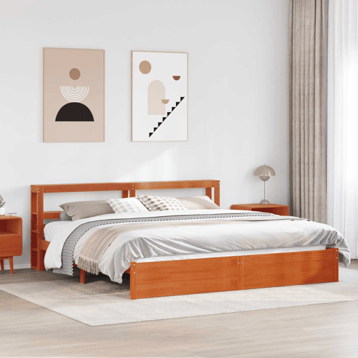 Estrutura de cama de casal simple com cabeceira - Marrom Cera 200 x 200 cm