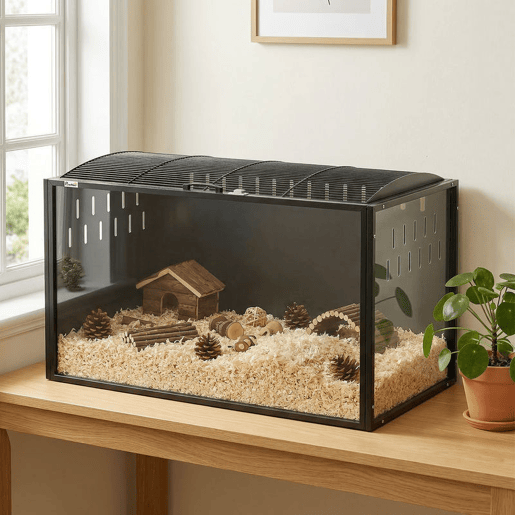 PawHut Gaiola Grande para Hamster 105x51x53 cm Casa para Roedores Pequenos com Tampa Ventilada Rebatível Estrutura de Aço e Painéis Transparentes de Acrílico Preto