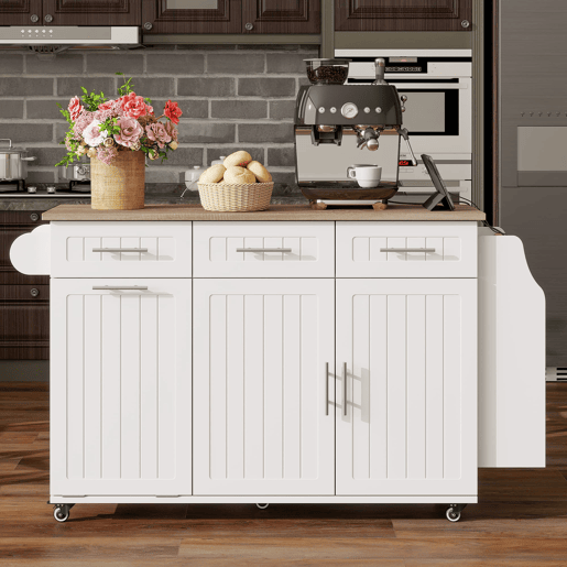 Ilha de cozinha móvel 135x40 cm - Extensível, com tabuleiro e espaço para lixo, rodas, tomadas - Branco