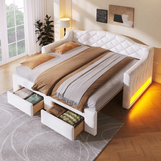 Cama embutida estofada 90x200-180x200 cm - com 2 gavetas e LED - branca