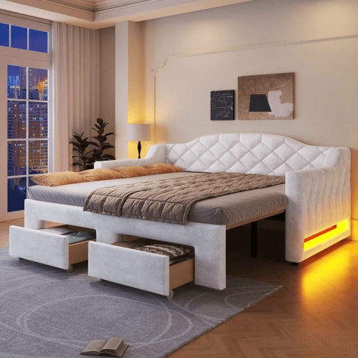 Cama embutida estofada 90x200-180x200 cm - com 2 gavetas e LED - branca