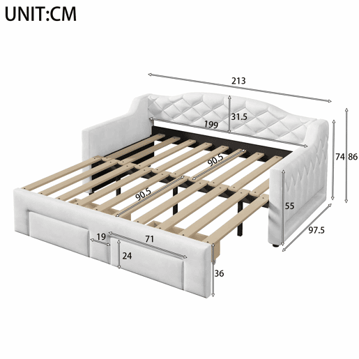 Cama embutida estofada 90x200-180x200 cm - com 2 gavetas e LED - branca