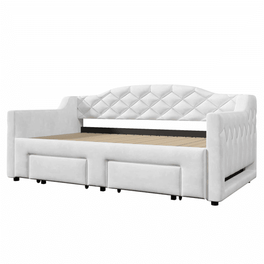 Cama embutida estofada 90x200-180x200 cm - com 2 gavetas e LED - branca