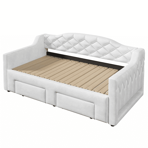 Cama embutida estofada 90x200-180x200 cm - com 2 gavetas e LED - branca