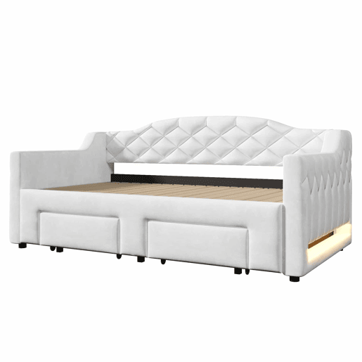 Cama embutida estofada 90x200-180x200 cm - com 2 gavetas e LED - branca