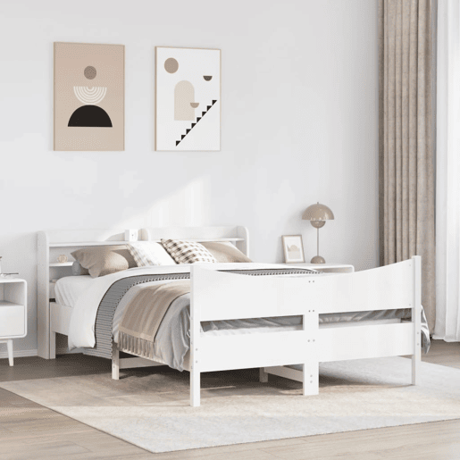 Estrutura de Cama de casal para adultos com cabeceira 160x200 cm pinho maciço branco